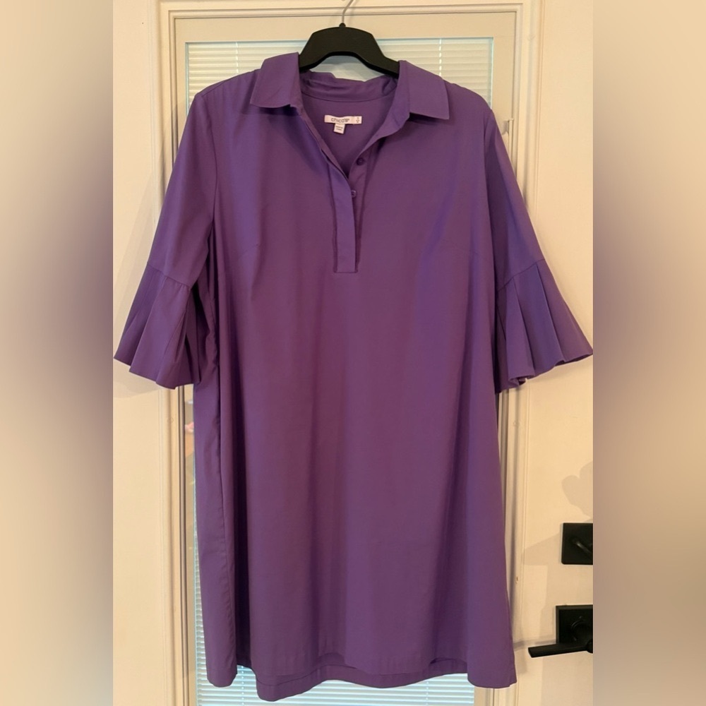 Chico's Pleated Ruffle Sleeve Shift Dress Purple Size 3 USA 16